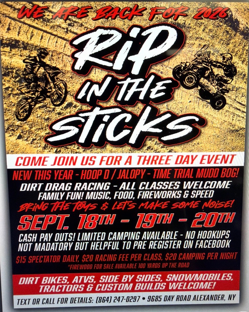 Rip in the Sticks three-day event flyer for September 18 through 20, 2026 in Alexander, New York