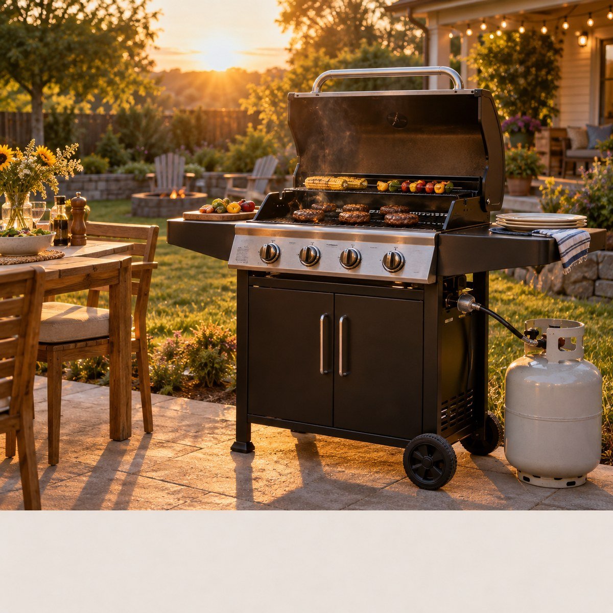 Propane tanks beside a backyard grill — fill any size at 49 Express Pit Stop
