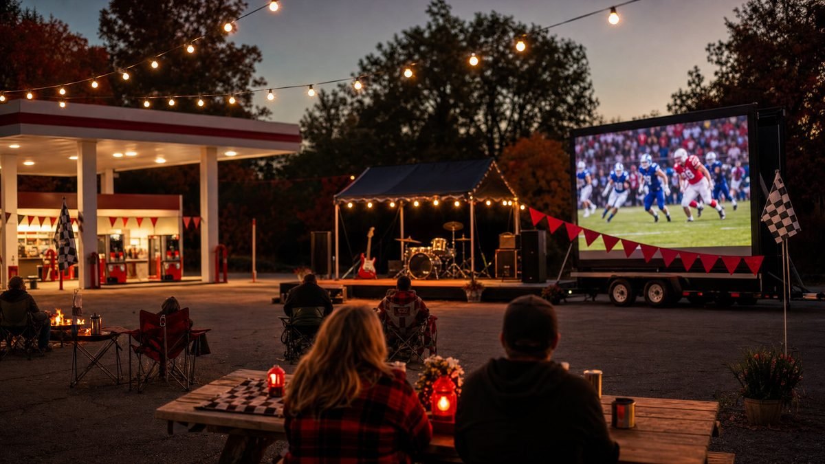 Illustration of a hangout at a hometown gas station: a small live-music stage under string lights and a football game on a big outdoor screen